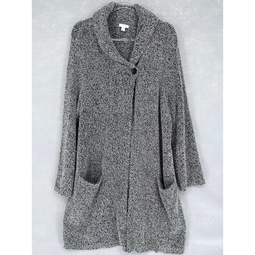 pure jill Cardigan Sweater Womens Large Black White Speckled Knit Shawl Collar